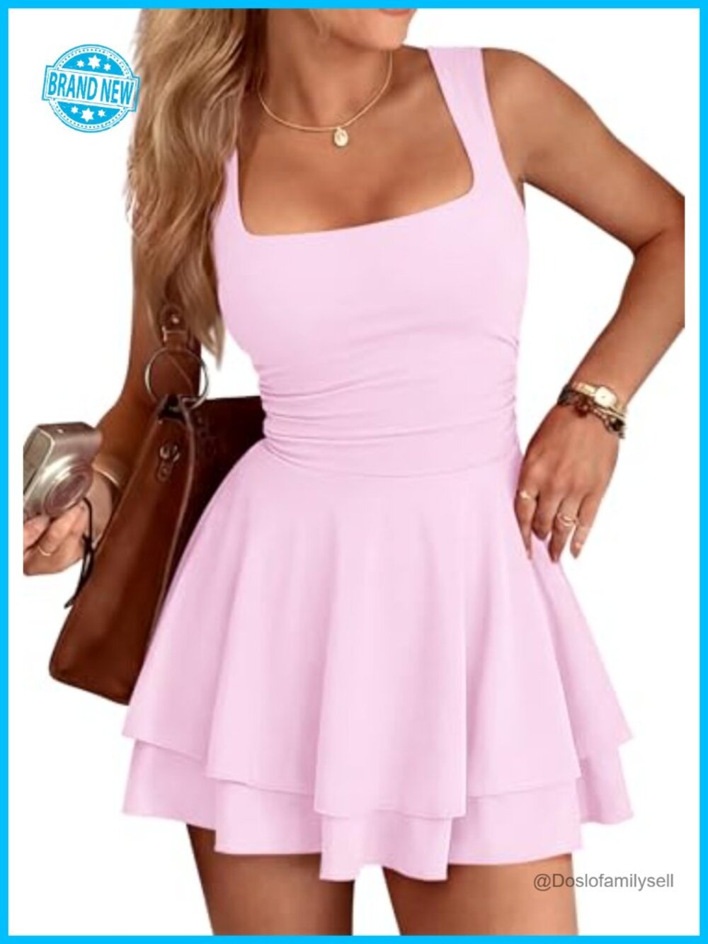 IWD Mini Cocktail Dress Ruffle Hem Square Neck Ruched Bust Stretch Athletic
